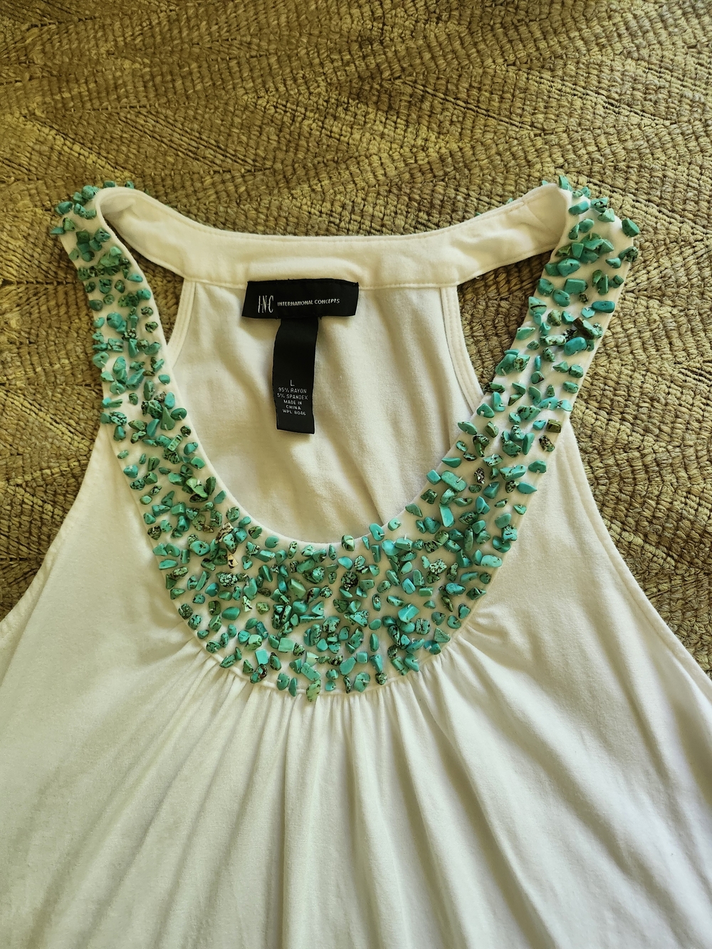 INC International Concepts White Tank with Turquoise Bead Embellished Neckline